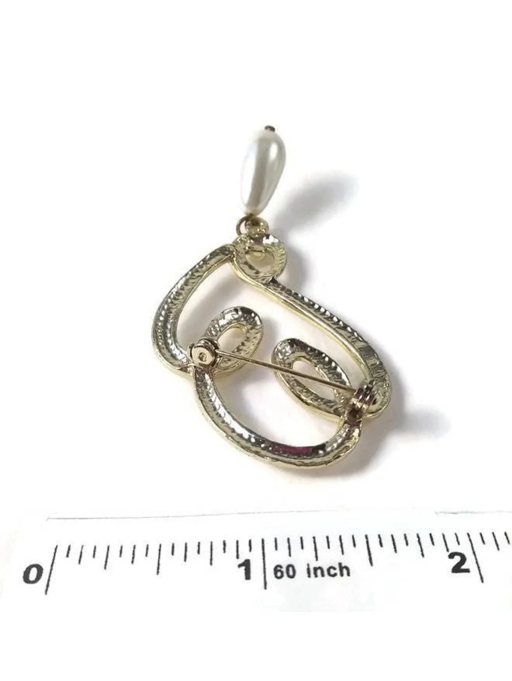 Vintage Gold Tone Swirl Abstract Brooch with Dangling Faux Teardrop Pearl.